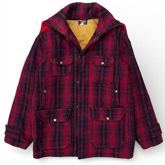 True Vintage 40s 50s Woolrich 501 Mackinaw Hunting Jacket Red Black Plaid Talon - Picture 1 of 16